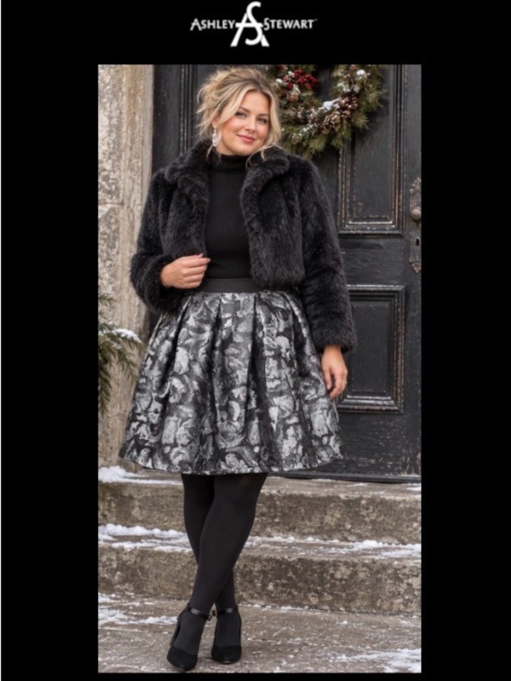 22W Ashley Stewart Silver & Black Metallic Floral Skater Skirt